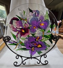 Beveled Stained Glass Suncatcher Iris Dragonfly W/Stand Cottage 10″