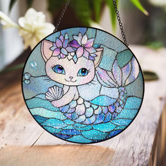 Cute Mermaid Cat Stained Glass Suncatcher, Fantasy Ocean Window Art