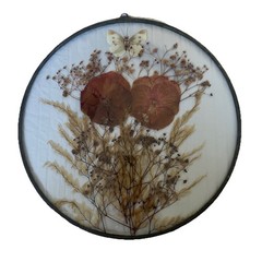 VTG Dried Pressed Flowers Butterfly Sun Catcher Wall Hanging Glass Round 10” LRG