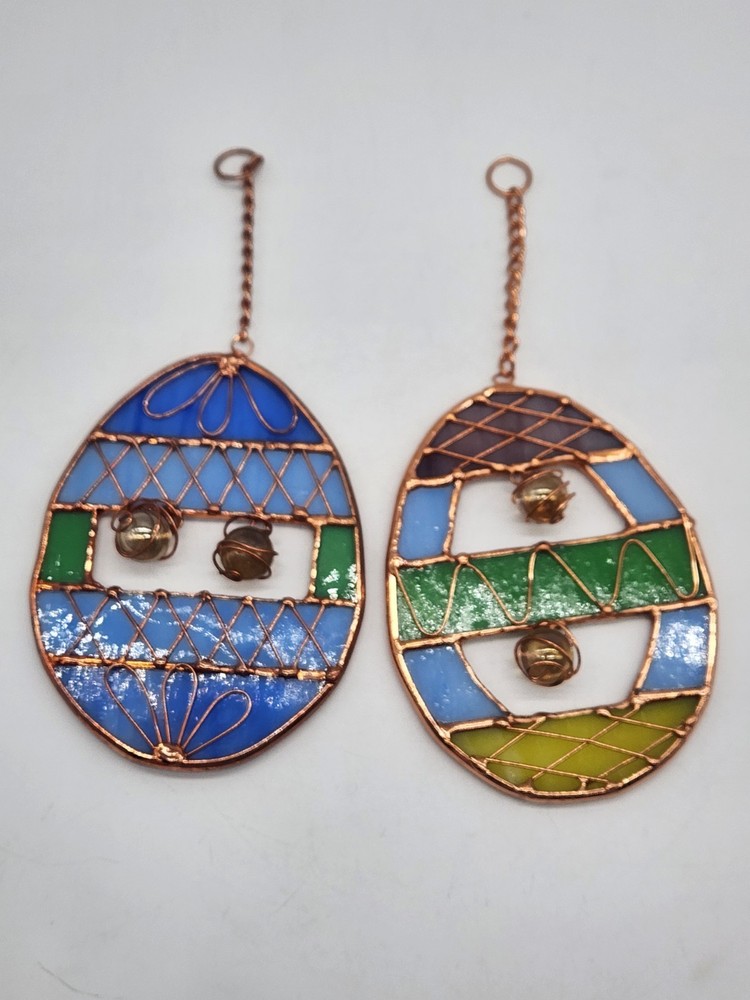 2 Stained Glass Easter Egg Sun Catchers With Copper Wire & 3″ Hanging Chain