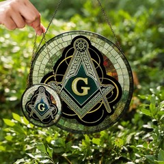Masonic Symbol Mosaic Stone, Silver Stained Glass Suncatcher, Lodge Gift