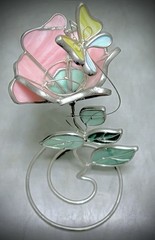 Vintage Stained Glass Suncatcher Pink Flower Butterfly Candle Holder