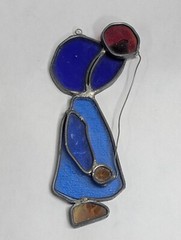 Vintage Sun Catcher Amish Bonnet Girl with Balloon Blue Stained Glass Window Art