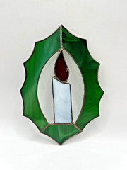 Stained Glass CHRISTMAS Candle Holly Sun Catcher Ornament VTG 6.4”x 4.5”