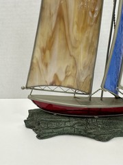 Vintage Stained Glass Boat 3D On Faux Driftwood Stand Sailboat Ship Decor