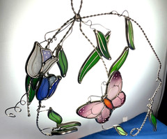 Stained Glass Sun Catcher Butterfly & Flowers 10” X 9” NO STAND INCLUDED