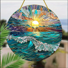 2D Ocean Beach Lake Sunset Stained Glass Look Suncatcher Ornament – 3″