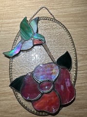Stain Glass Suncatcher Hummingbird, Pink Flower Handcrafted 3D Hanging Stained