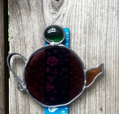 Vintage Stained Glass Suncatcher Window Decor Tea Pot Orange Green Purple