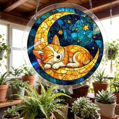 Sleeping Corgi on Moon Acrylic Jigsaw Puzzle Suncatcher Window Hanging Decor