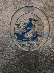 Vintage Blue Jay Stained Glass Suncatcher Oval Window Panel Floral Decor