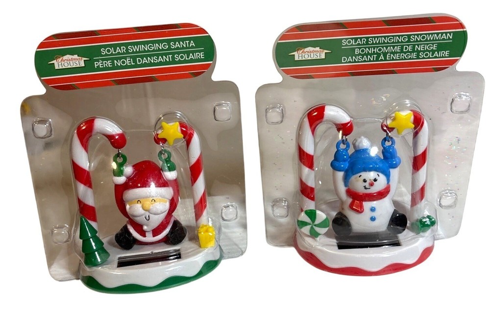 Solar Figures Swinging Santa & Snowman Christmas Decor Set New