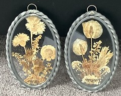 VINTAGE TWISTED PEWTER DRIED FLOWERS OVAL SHAPED SUNCATCHER PAIR