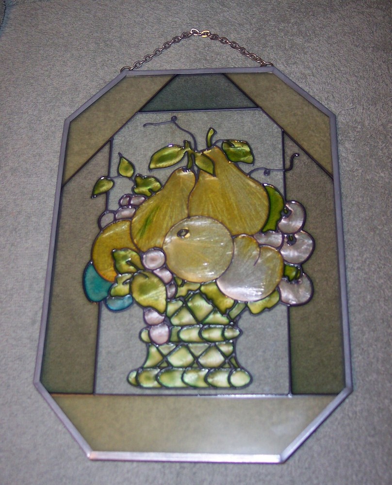 Vintage Basket Pears Glass Suncatcher 10 1/2″ X7″ Plaque Farmhouse GUC