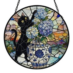 Chinoiserie Hydrangea Cat Stained Glass Suncatcher Wall Art Decor, 7.9″