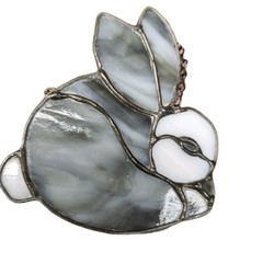 Stained Glass Blue-Eyed Spring Bunny Rabbit Suncatcher Gray & White Vintage