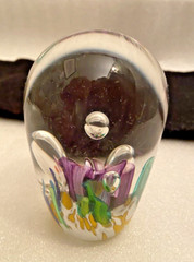 RARE VINTAGE LEAD GLASS TALL EGG SHAPED PAPERWEIGHT W/ FLOWERS BUBBLES UNBRANDED