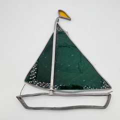 Vtg Lead & Stained Glass Sailboat Window Ornament Sun Catcher Nautical Beach