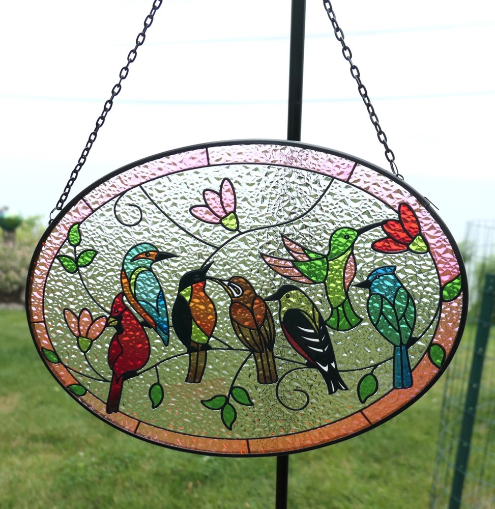 Lg Stained Glass 7 Various Birds Sun Catcher Hand Painted Oval Metal Frame 9.5″