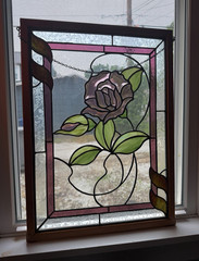 Large Stained Glass Rose Window Panel With Metal Chain. HEAVY