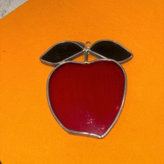 Red Apple Leaded Stained Art Glass Sun Catcher w/ Leaves 4” X 4″ for Teacher a1