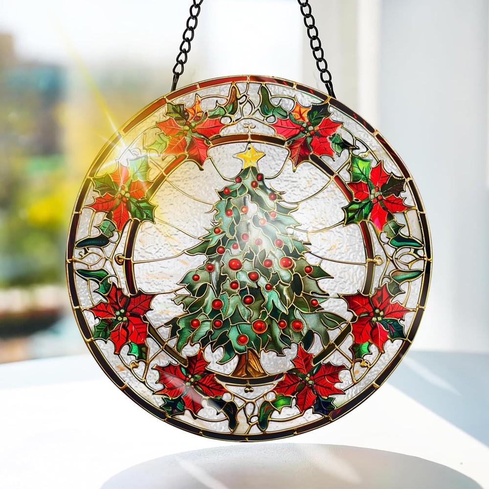 Stained Glass Christmas Tree Suncatcher for Windows or Doorways – 7.8 in