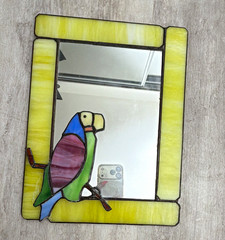 Stained Glass Parrot Suncatcher Window Hanging Panel Yellow Green Blue Purple