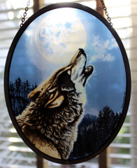 1993 Glassmasters James Meger “Night Music” Wolf & Moon Suncatcher Stained Glass