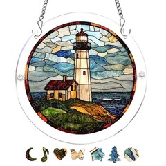 Serene Seaside Lighthouse Cliff Coast Scene Acrylic Puzzle Suncatcher Home Decor
