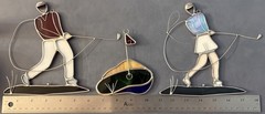 MAN LADY GOLFER hole 7 Set of 3 SUNCATCHER Vtg. LEADED STAINED GLASS Window Deco
