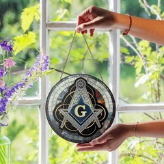 Masonic Symbol Mosaic Stone, Silver Stained Glass Suncatcher, Lodge Gift