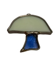 Vintage Stained Glass Mushroom Sun Catcher Ornament 2”x2.5” Blue White Lead Read