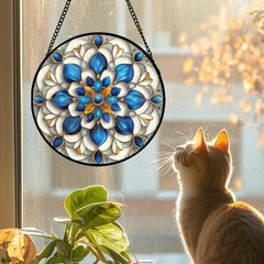 Blue White Abstract Flowers Stained Glass Suncatcher for Home Garden Decor