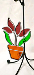 Vintage Tulips In A Pot Hanging Sun Catcher Stained Glass Red, Green, Orange 6″