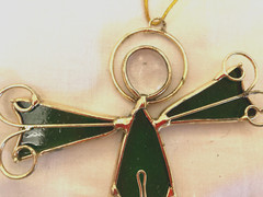 Stained Glass Sun Catcher Green Christmas Angel Gold Wire Halo Wings 4.25″x3.5″