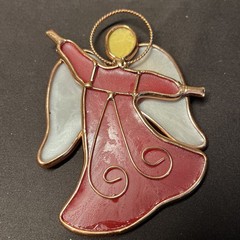 Red Stained Glass Angel Christmas Ornament With Etched Wings Gold Trim 4.5 by 3”