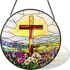 Cross Suncatcher Wildflower Stained Glass Window Hanging Christain Light Catcher