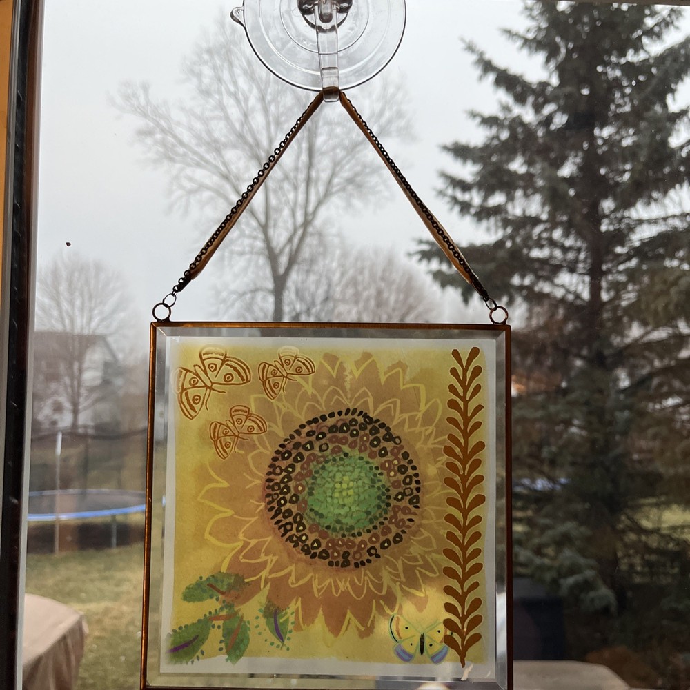 Vintage Sunflower Window Hanging Sun Catcher Art Wall Hanging Butterflies 7”