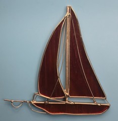 Vintage Sail Boat Stained Art Glass Sun Catcher Nautical Red