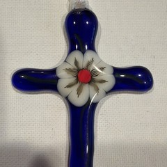 Fused Glass Cross Suncatcher Signed By Artist 4”x 2.5”