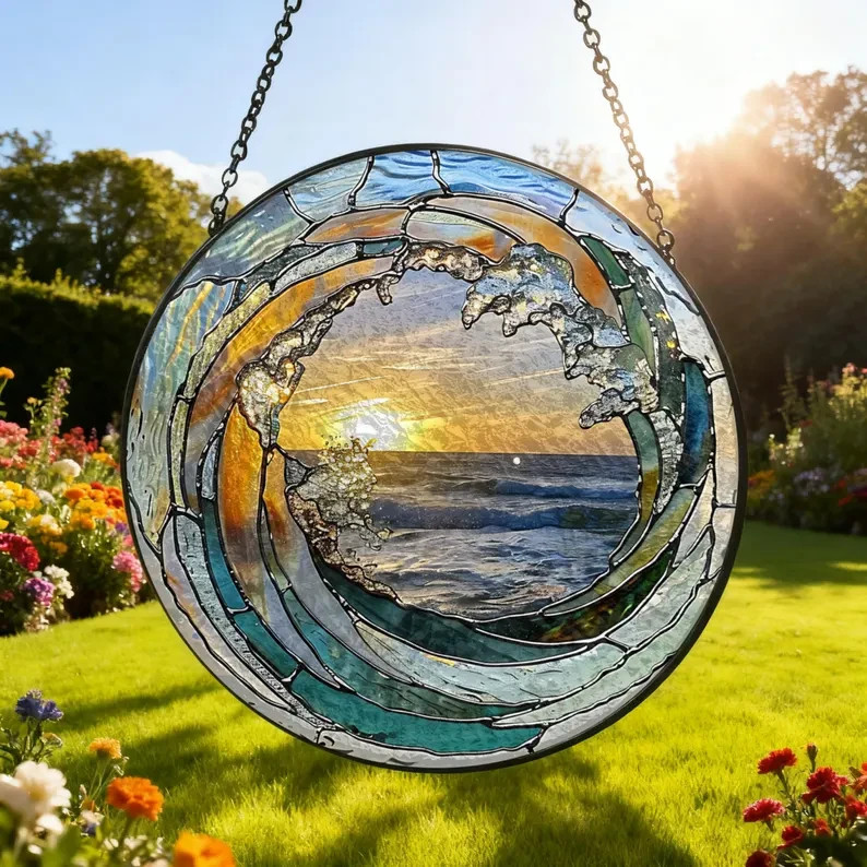 Ocean Wave Acrylic Suncatcher – Stained Glass Style Beach Window Decor