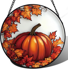 Pumpkin Maple Leaf Suncatcher -7.9 in Stained Glass Window Hanging Sun Catcher