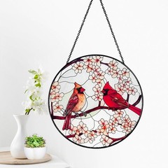 Cardinal Lovebirds Stained Glass Suncatcher: Moonlight Window Hanging