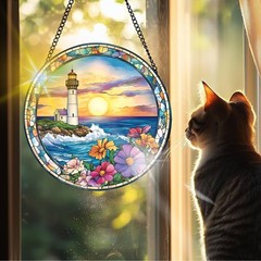 Lighthouse Sun Catcher Stained Glass Ornament for Home, Garden & Gifts