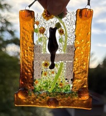 Handmade Fused Glass Sun Catcher with Multicolor Flower Design & Kitten