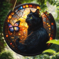 Whimsical Black Cat and Butterfly Pattern 2D Acrylic Suncatcher Hanging Sign