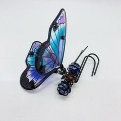 Butterfly Glass Wings W Springs Marble Body Blue Purple 4″X4” Vintage K-Mart New