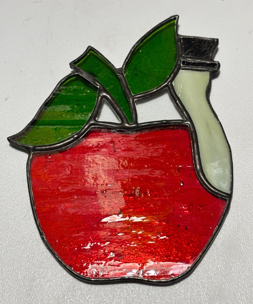 Handmade Stained Glass Apple Sun Catcher Window Hanging Red Green 4.75”