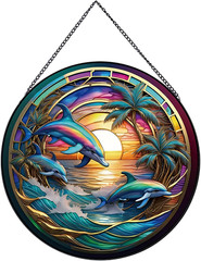 Dolphin Ocean Sunset Suncatcher Stained Glass,Hanging Stained Glass for Windo…