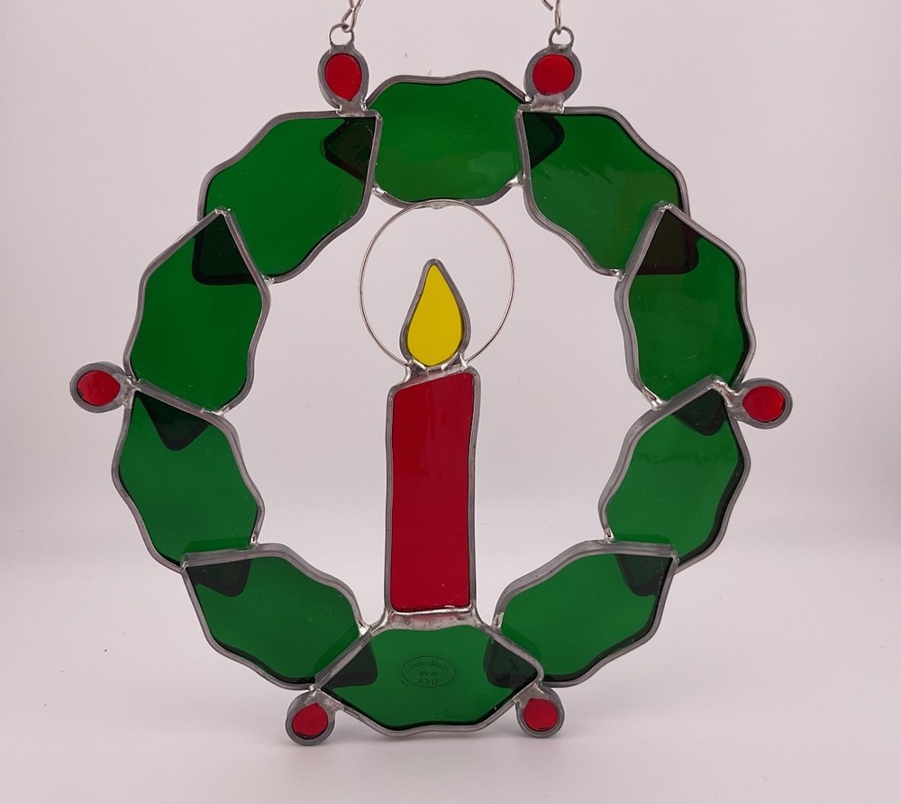 Vintage Stained Glass Christmas Wreath Candle Hanging Suncatcher Handmade USA A2